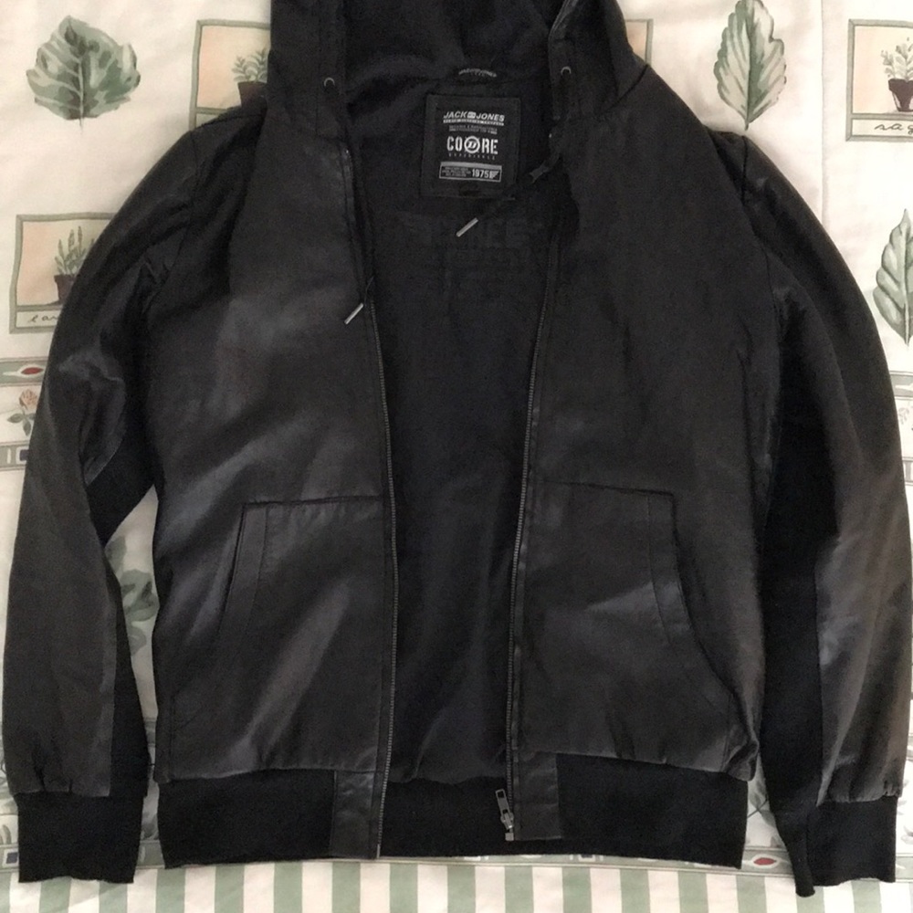 Zip-up hooded black leather jacket